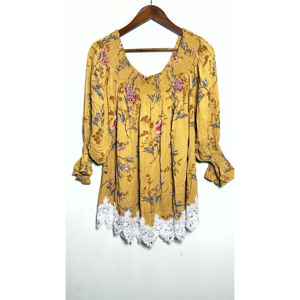 Kori NWT Boho Fairycore Smocked Floral Top Coquette Prairie Lace Trim Mustard M